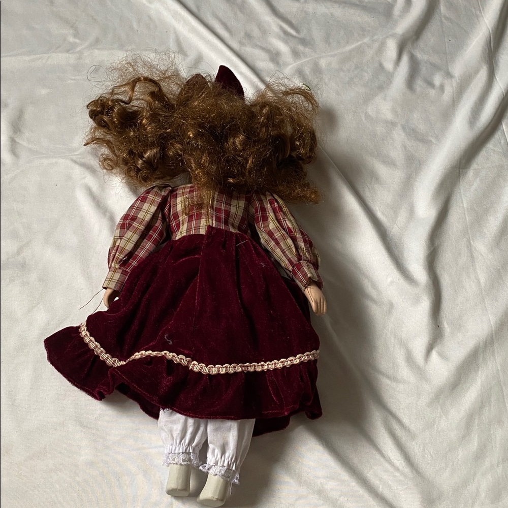 Vintage Style Porcelain Doll in Burgundy Dress - Picture 8 of 9